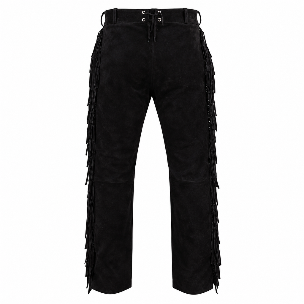 Men Premium Original Black Suede Leather Fringe Pant