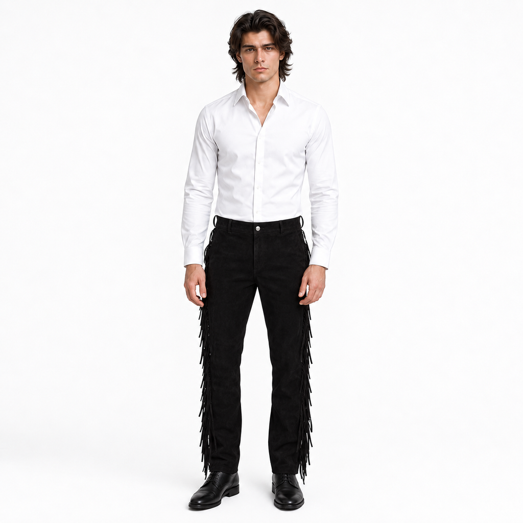 Men Premium Original Black Suede Leather Fringe Pant