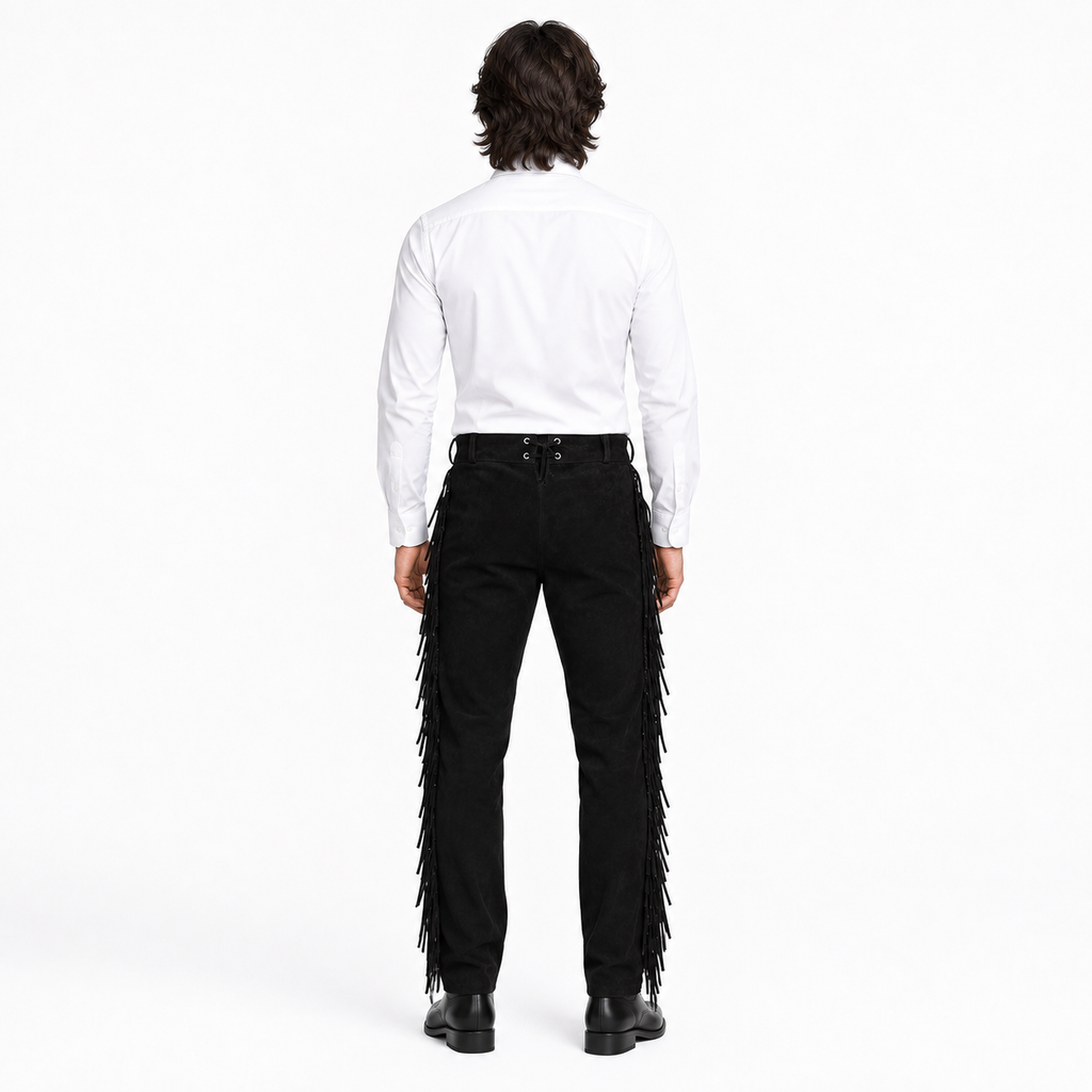 Men Premium Original Black Suede Leather Fringe Pant