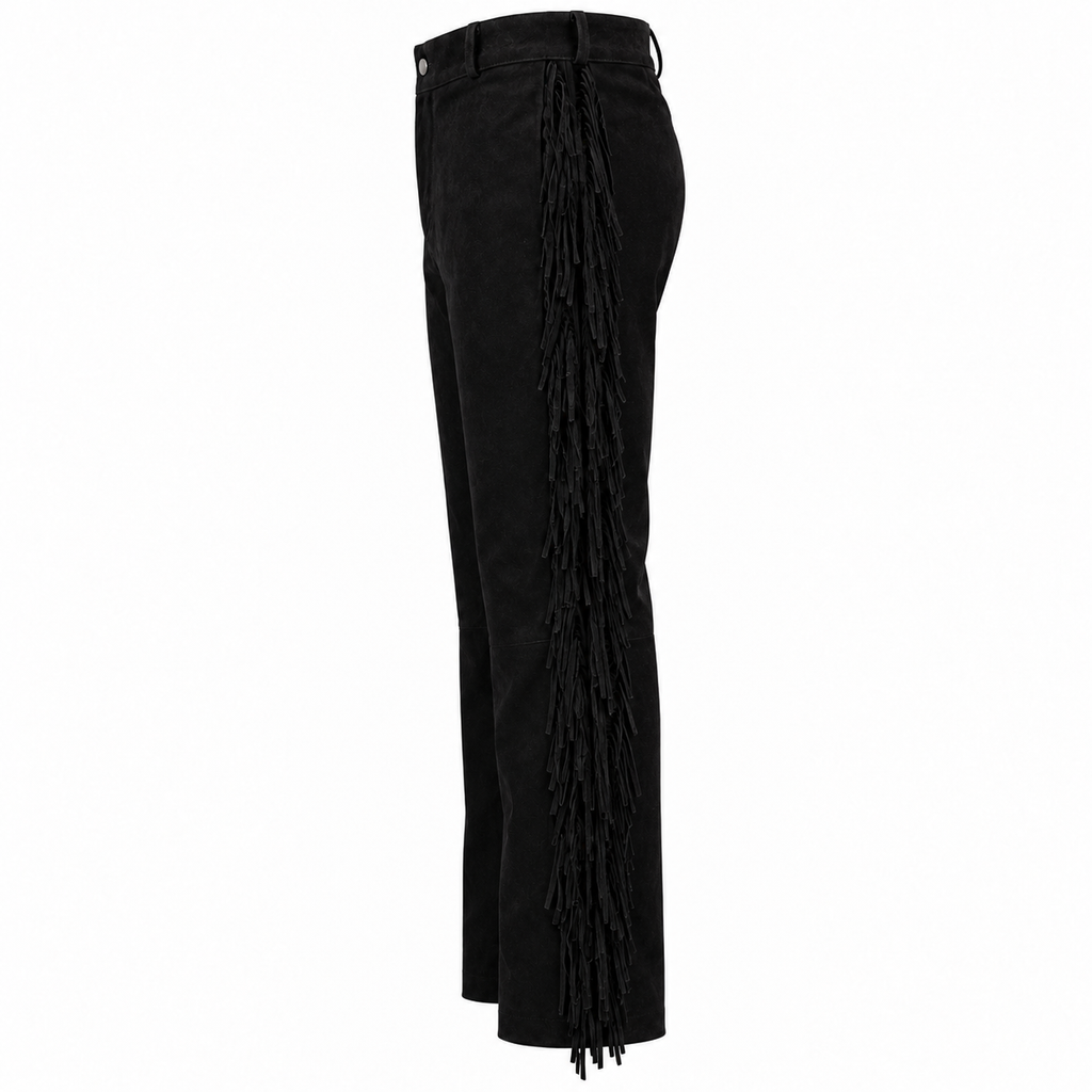 Men Premium Original Black Suede Leather Fringe Pant