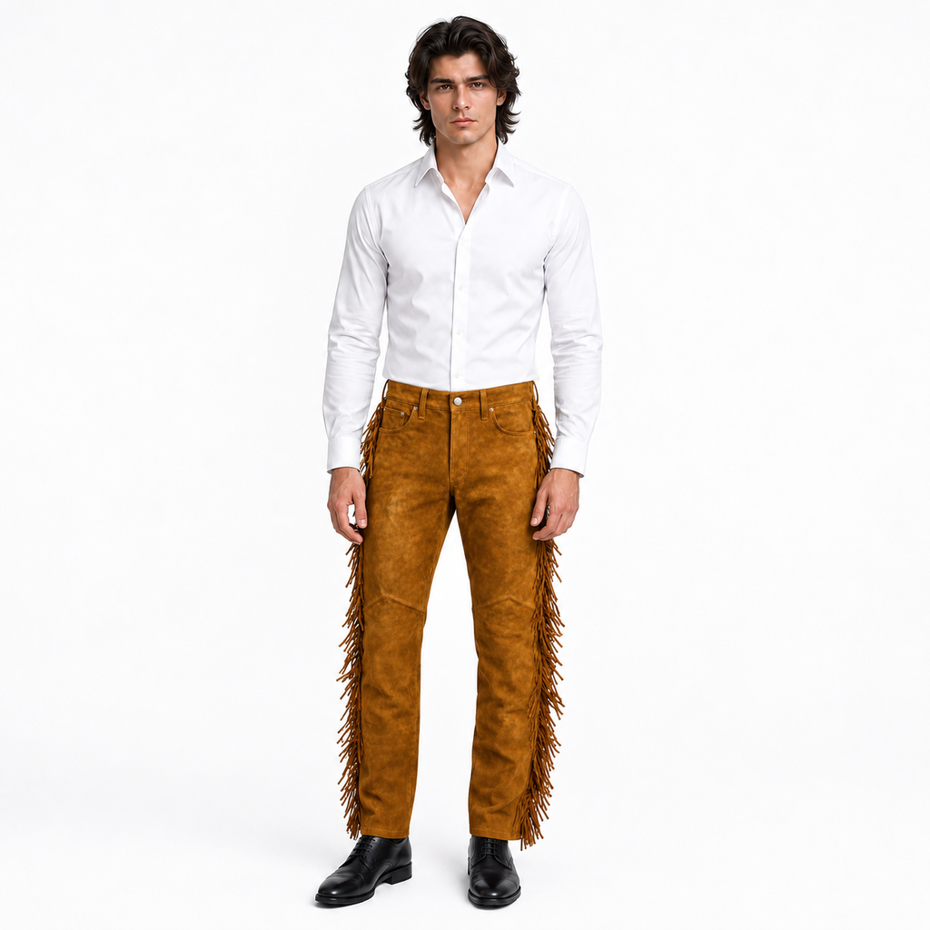 Men Brown Premium Original Suede Leather Fringe Pant