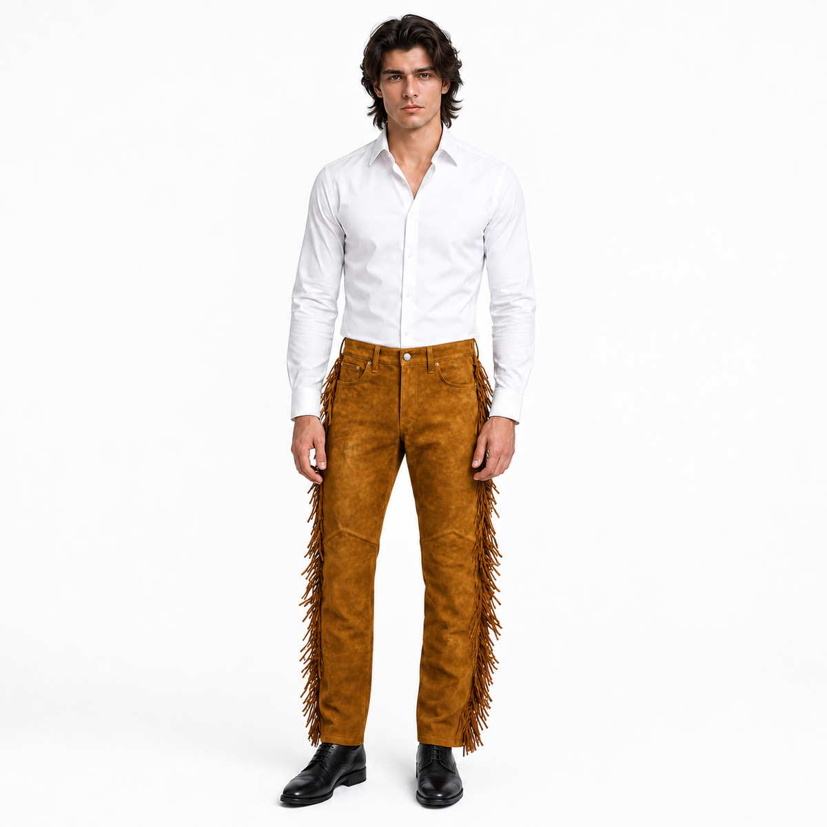 Men Brown Premium Original Suede Leather Fringe Pant