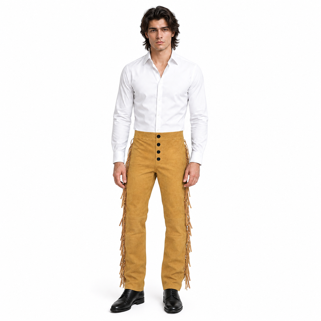Men Beige Premium Original Suede Leather Fringe Pant