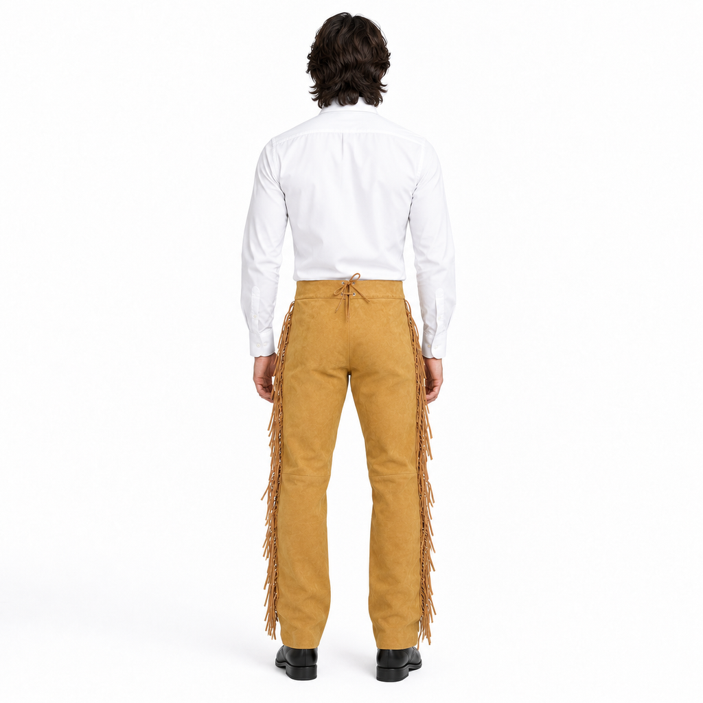 Men Beige Premium Original Suede Leather Fringe Pant