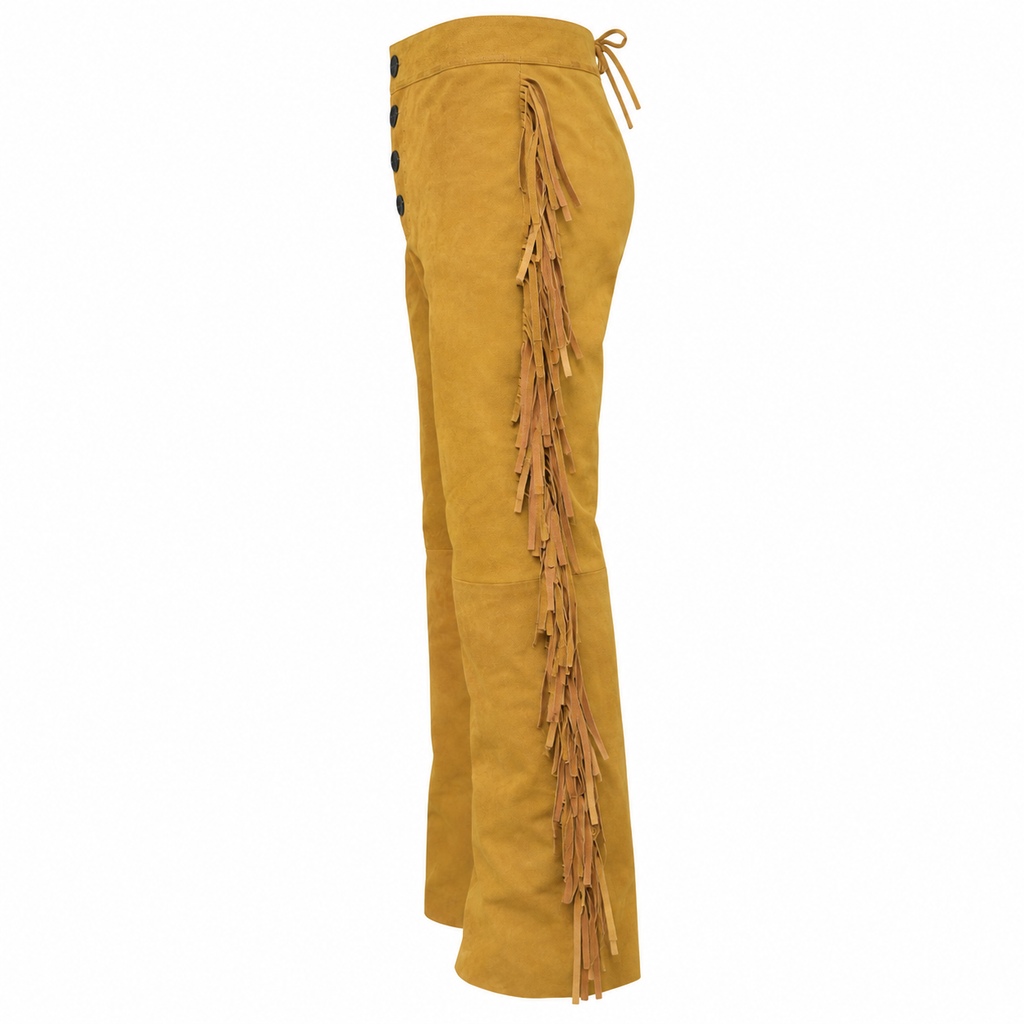 Men Beige Premium Original Suede Leather Fringe Pant