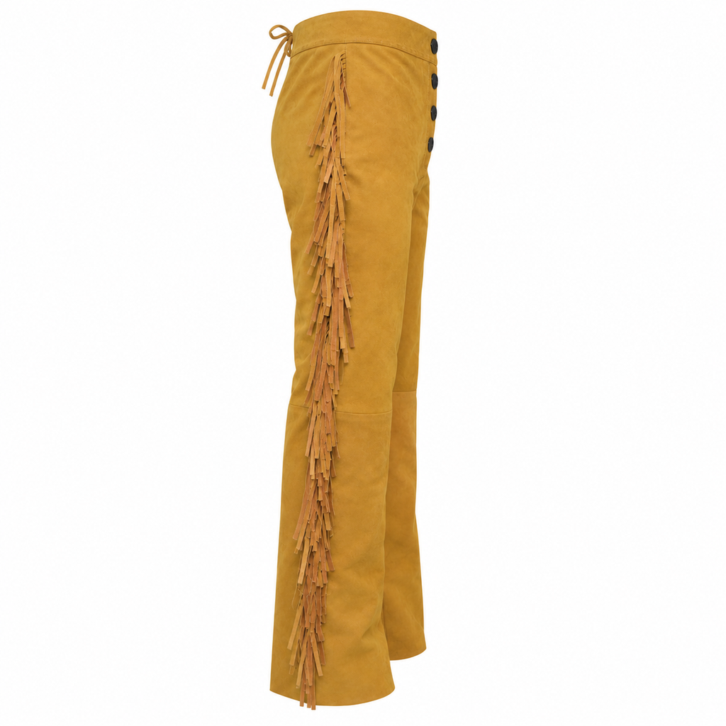 Men Beige Premium Original Suede Leather Fringe Pant