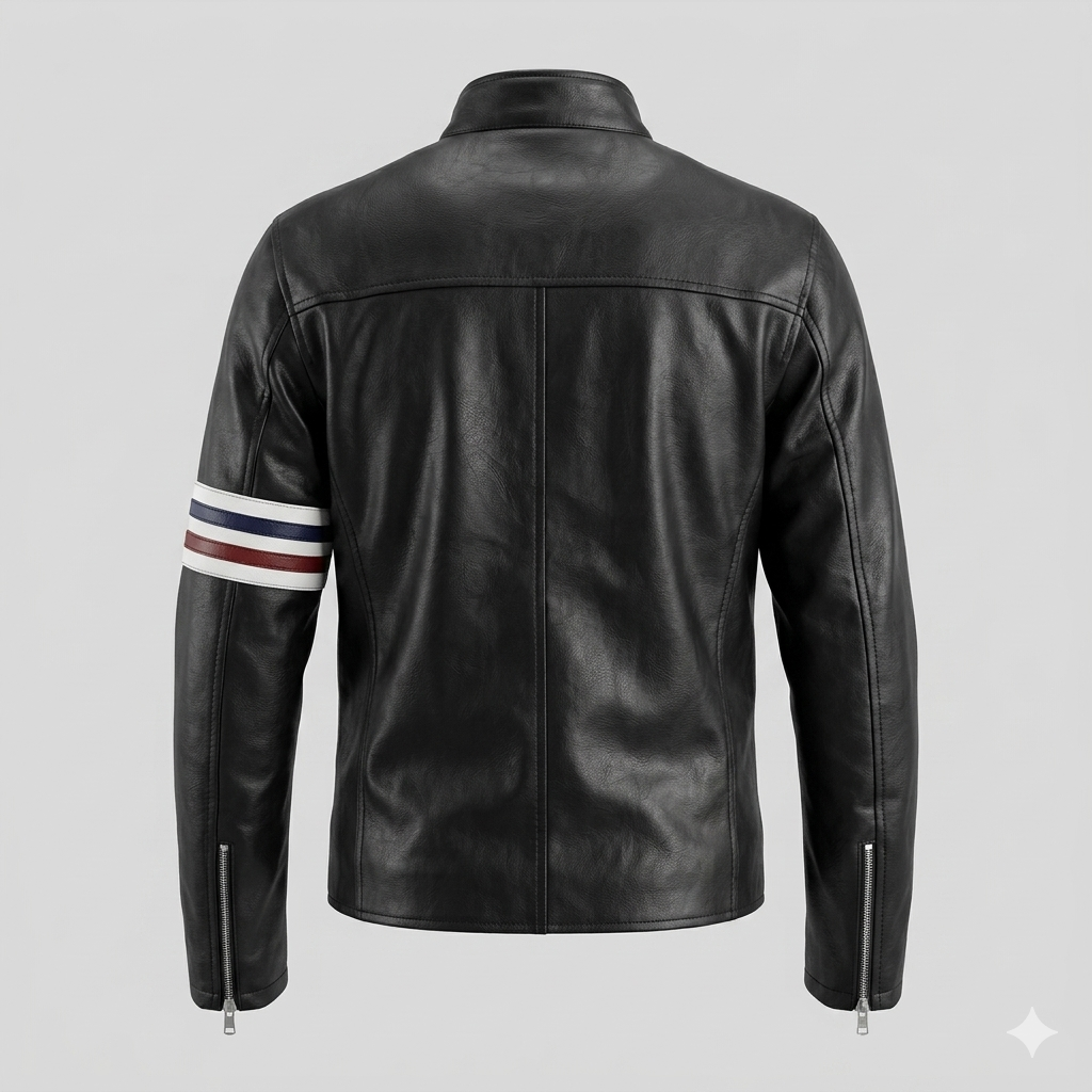 Men's Black Original Leather Premium Racing Stripe Jacket with Tri-Colour Detail