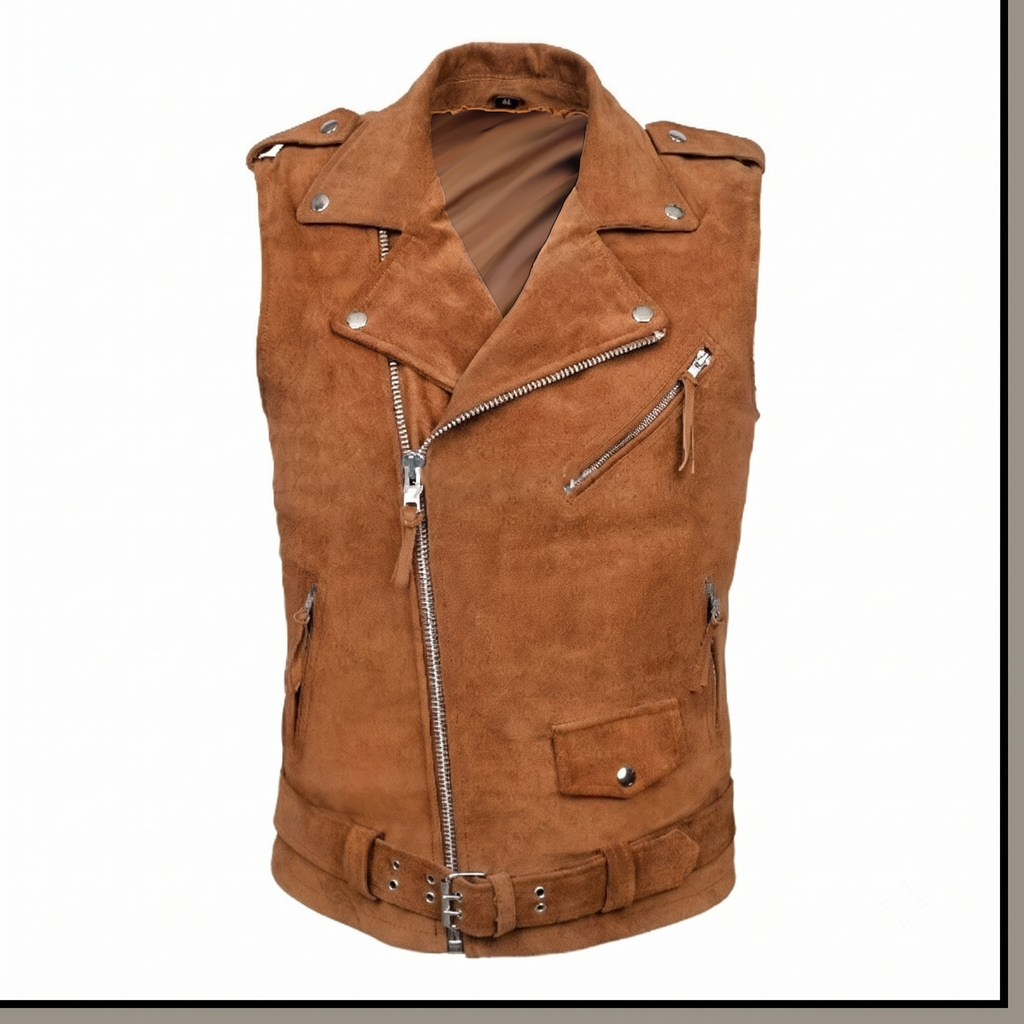 Men's Premium Brown Zip Biker Original Suede Leather Vest Coat