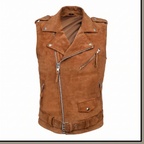 Men's Premium Brown Zip Biker Original Suede Leather Vest Coat