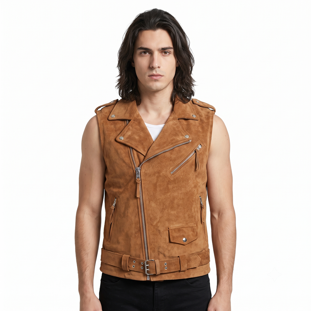 Men's Premium Brown Zip Biker Original Suede Leather Vest Coat