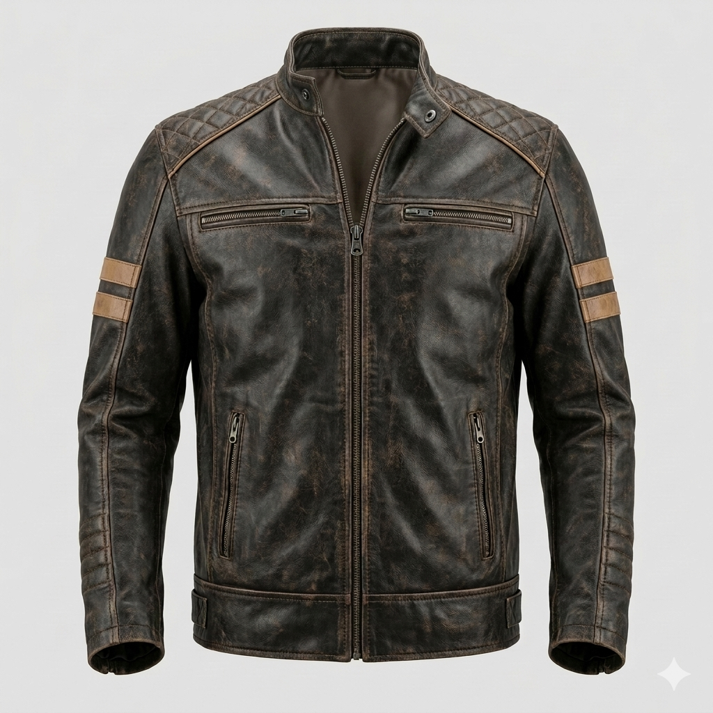 Men's Distressed Premium Brown Racer Original Leather Jacket with Tan Stripe Detail