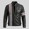 Men's Black Original Leather Premium Racing Stripe Jacket with Tri-Colour Detail