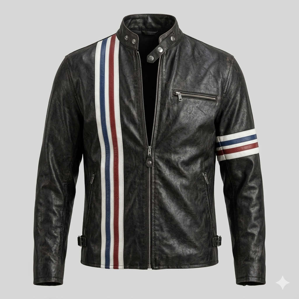 Men's Black Original Leather Premium Racing Stripe Jacket with Tri-Colour Detail