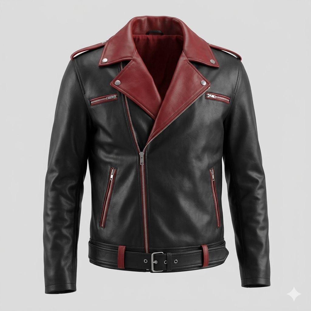 Men's Premium Black Two-Tone Belted Original Leather Biker Jacket