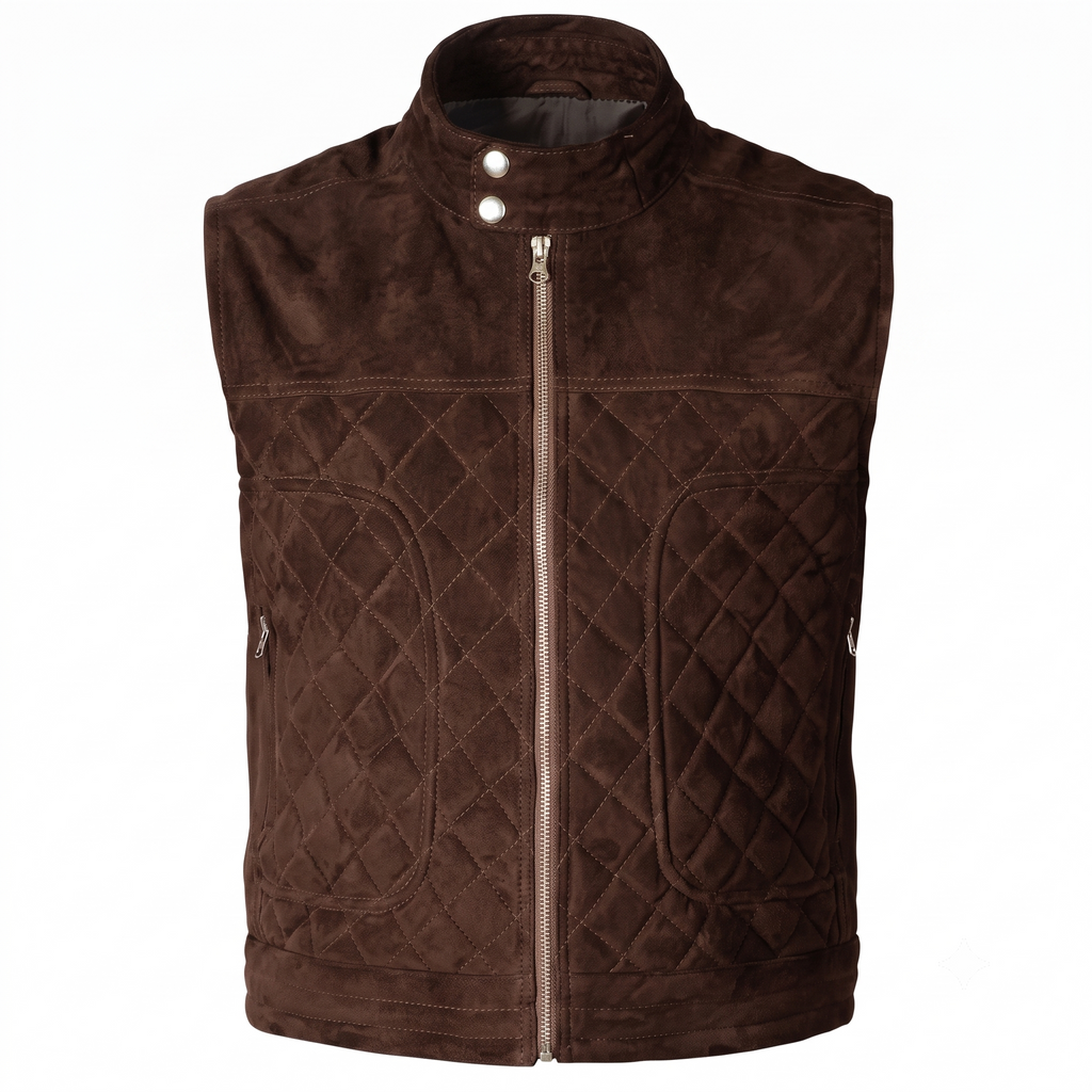 Men's Premium Dark Brown Zip-Front Original Suede Leather Vest Coat