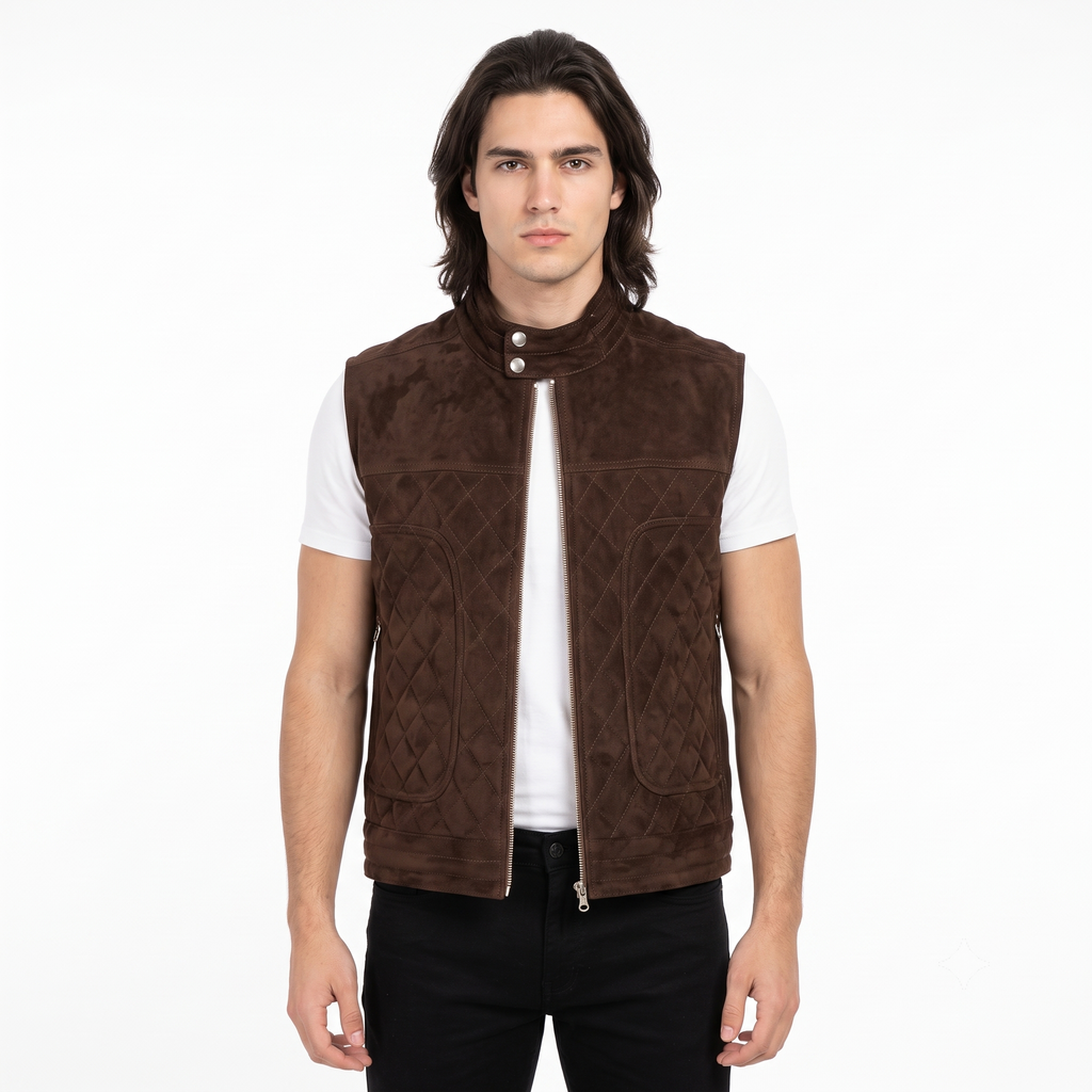 Men's Premium Dark Brown Zip-Front Original Suede Leather Vest Coat