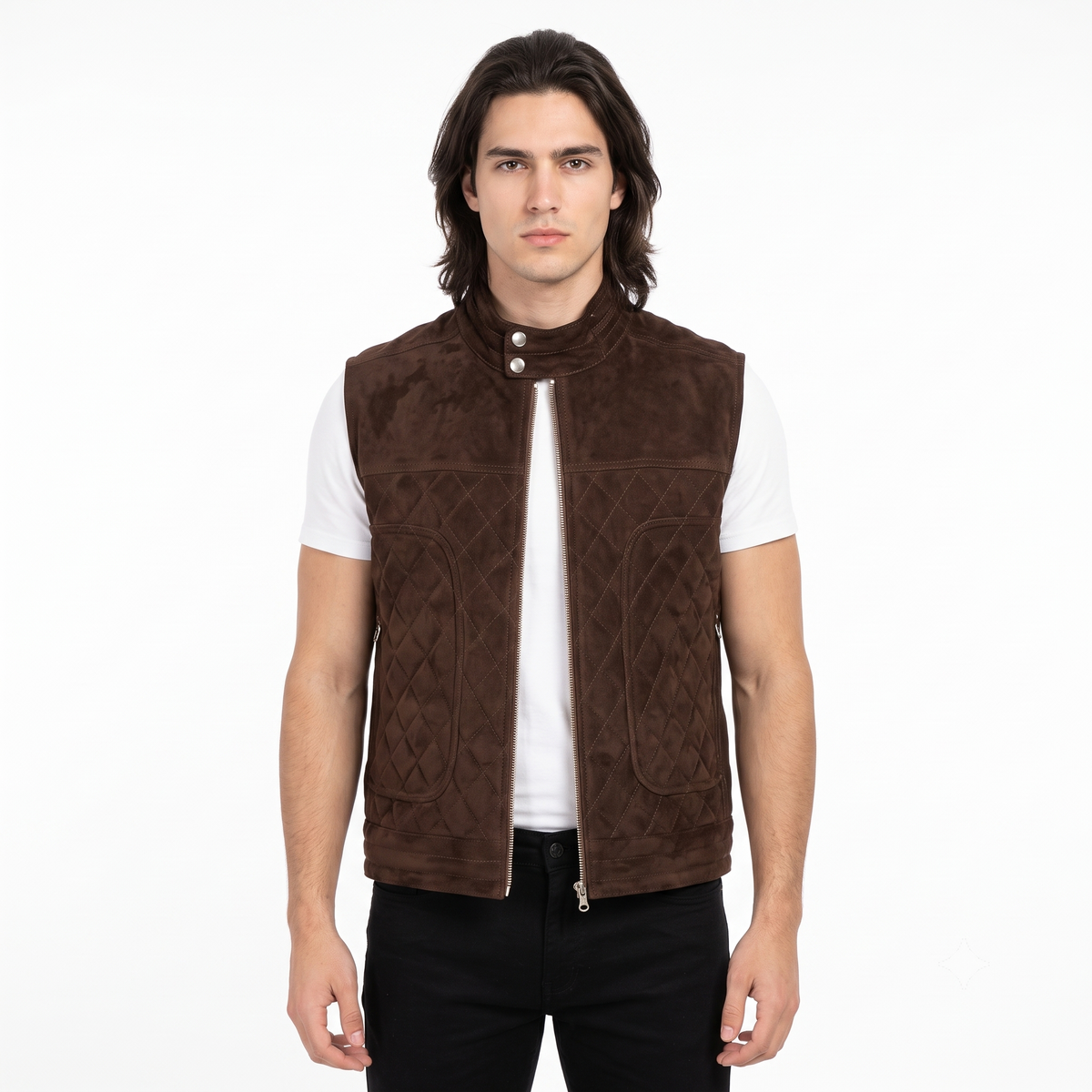 Men's Premium Dark Brown Zip-Front Original Suede Leather Vest Coat