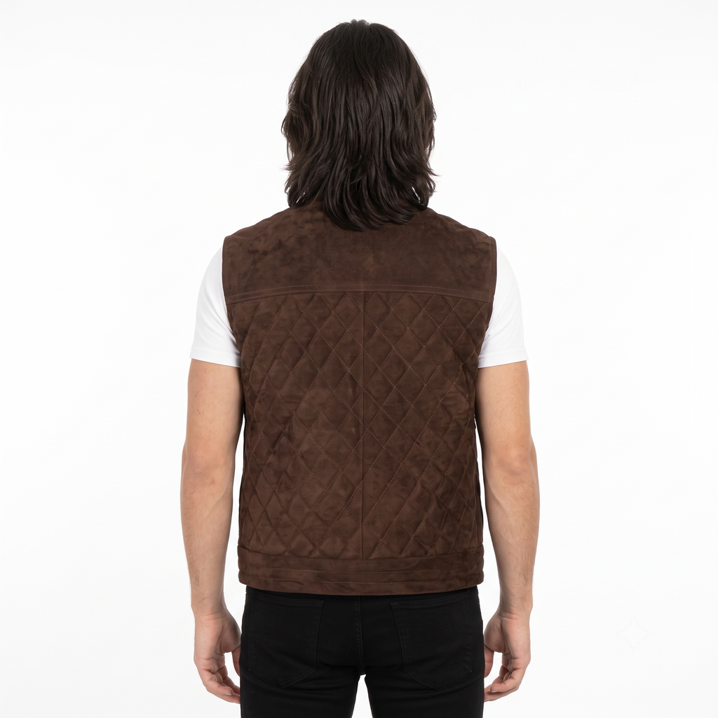 Men's Premium Dark Brown Zip-Front Original Suede Leather Vest Coat