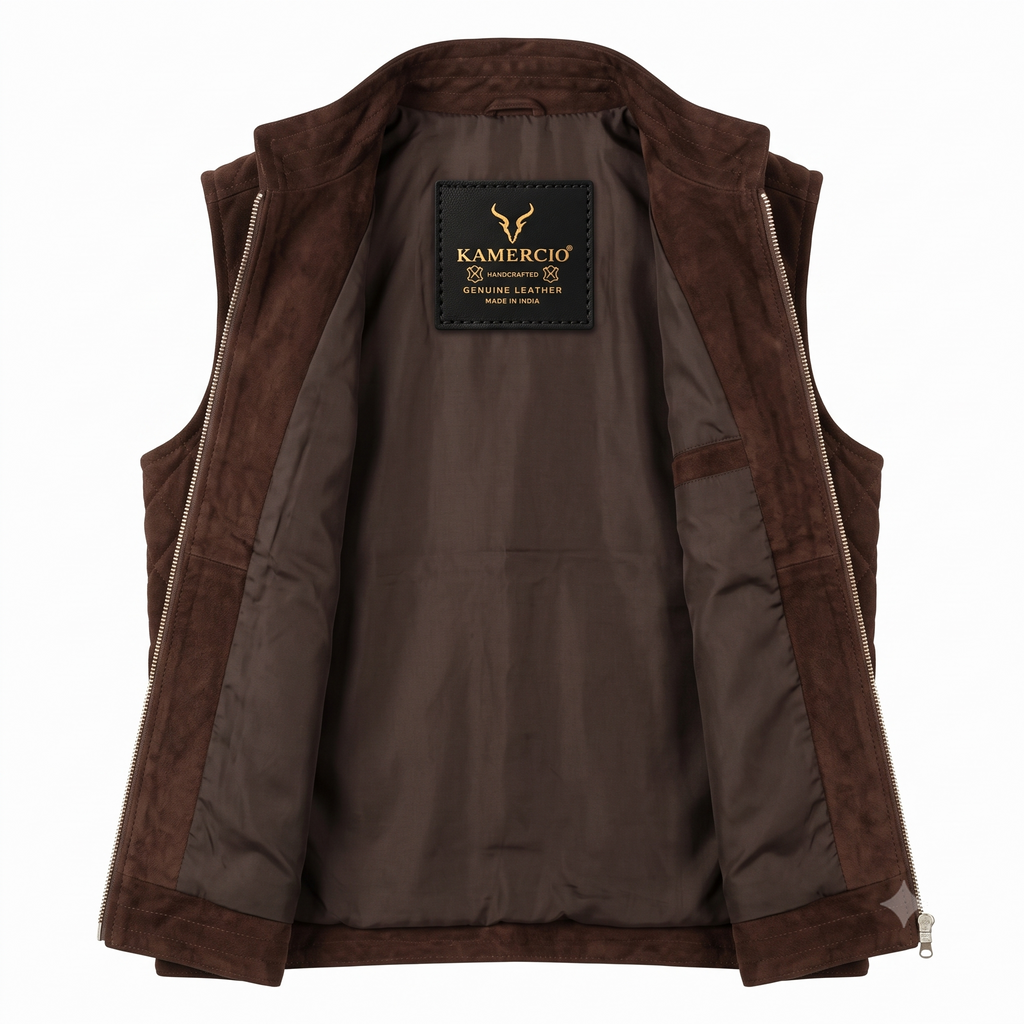 Men's Premium Dark Brown Zip-Front Original Suede Leather Vest Coat