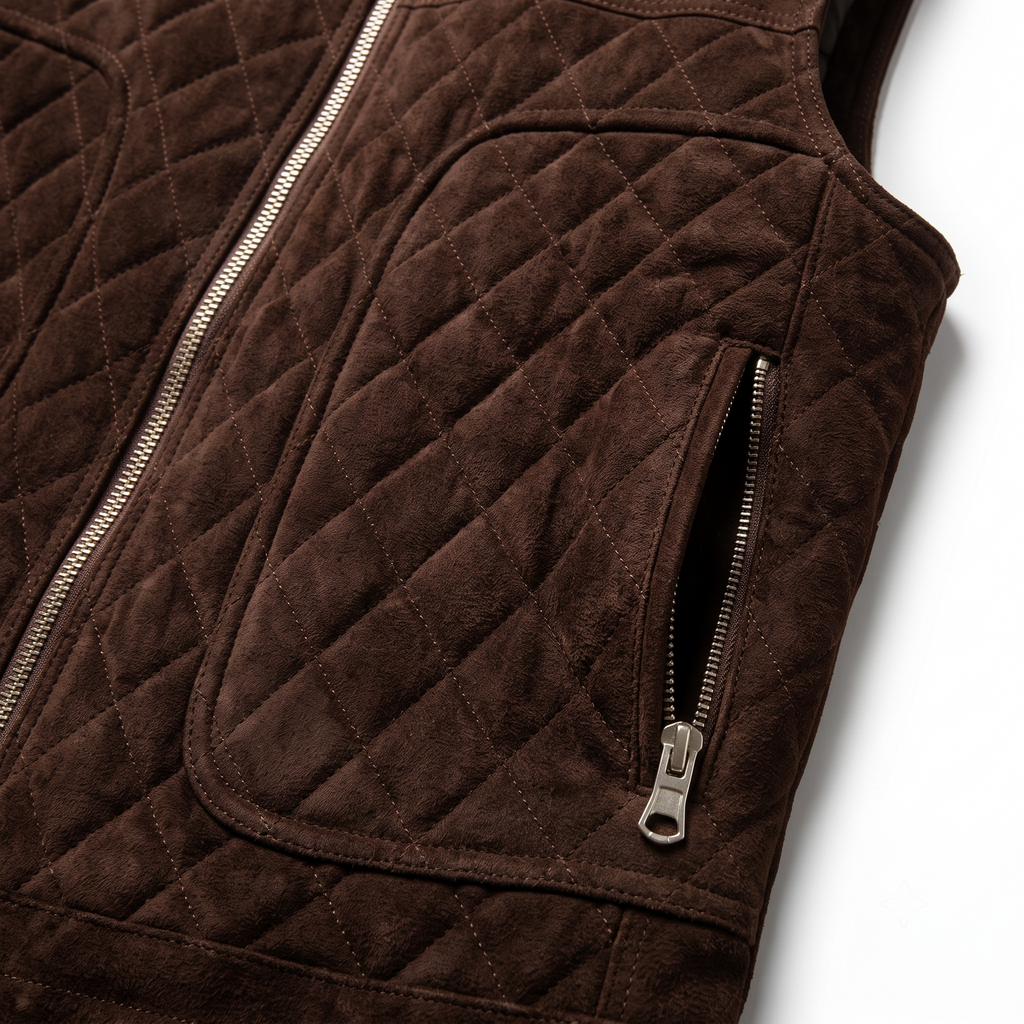 Men's Premium Dark Brown Zip-Front Original Suede Leather Vest Coat