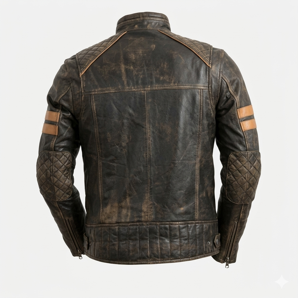 Men's Distressed Premium Brown Racer Original Leather Jacket with Tan Stripe Detail