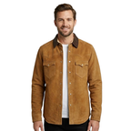 Men's Camel Suede Western Shirt Jacket with Contrast Collar - Front View