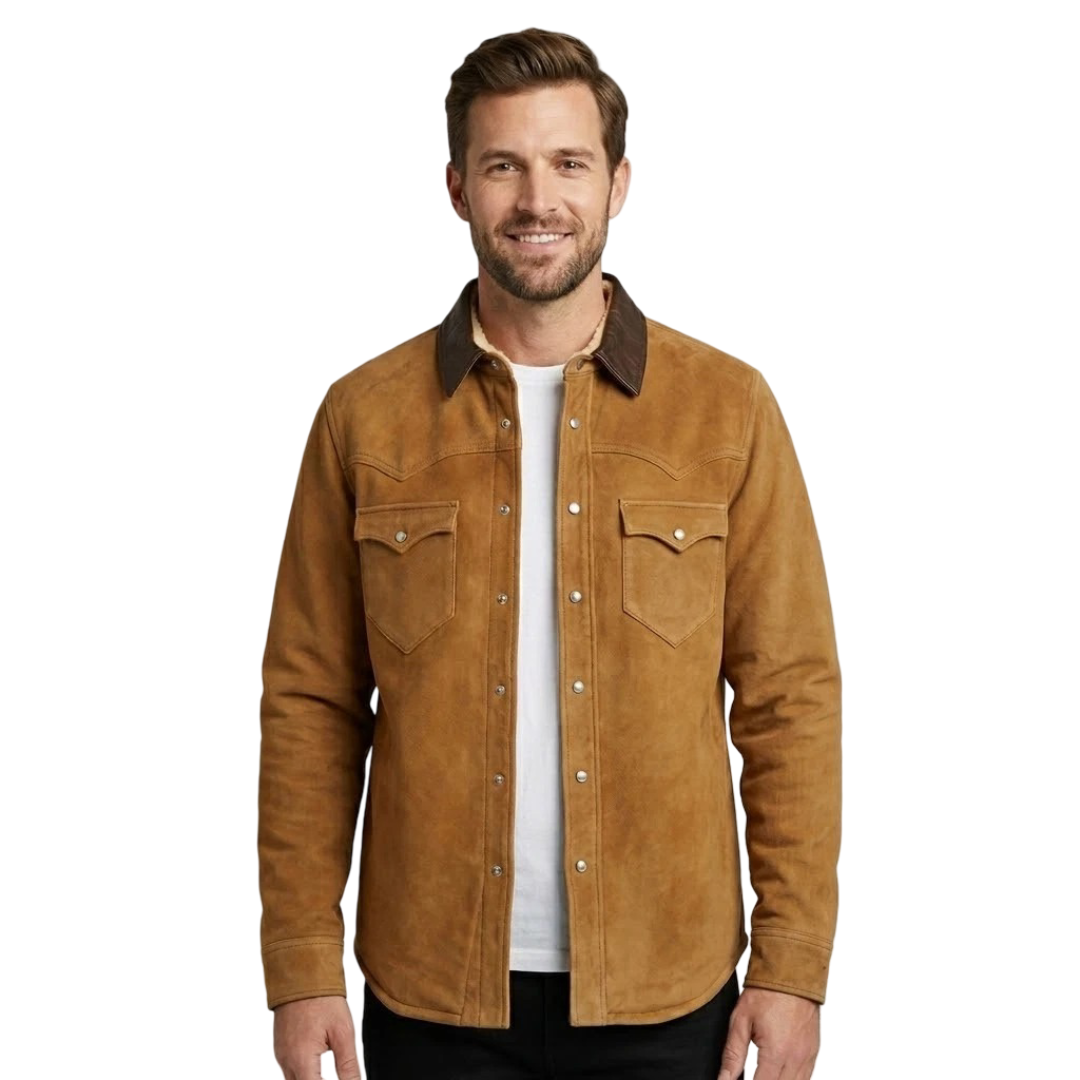 Men's Camel Suede Western Shirt Jacket with Contrast Collar - Front View