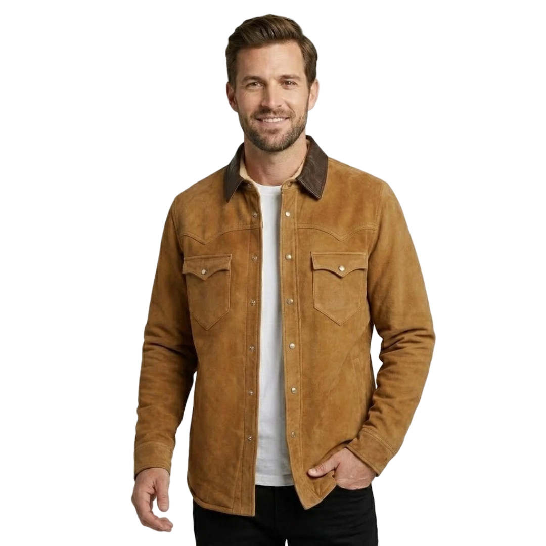 Men's Brown Premium Original Suede Leather Western Shirt — Contrast Collar Snap-Button in Premium Leather