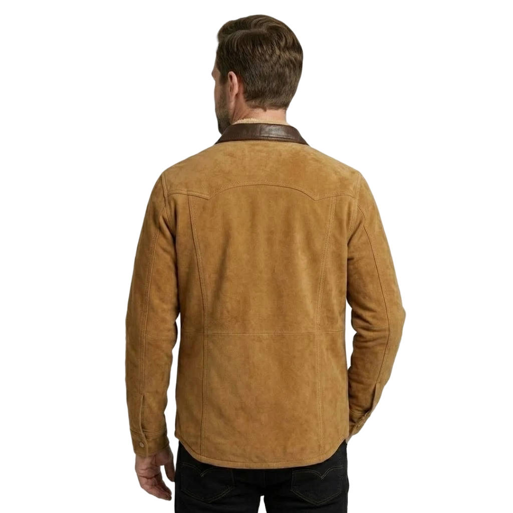 Men's Brown Premium Original Suede Leather Western Shirt — Contrast Collar Snap-Button in Premium Leather