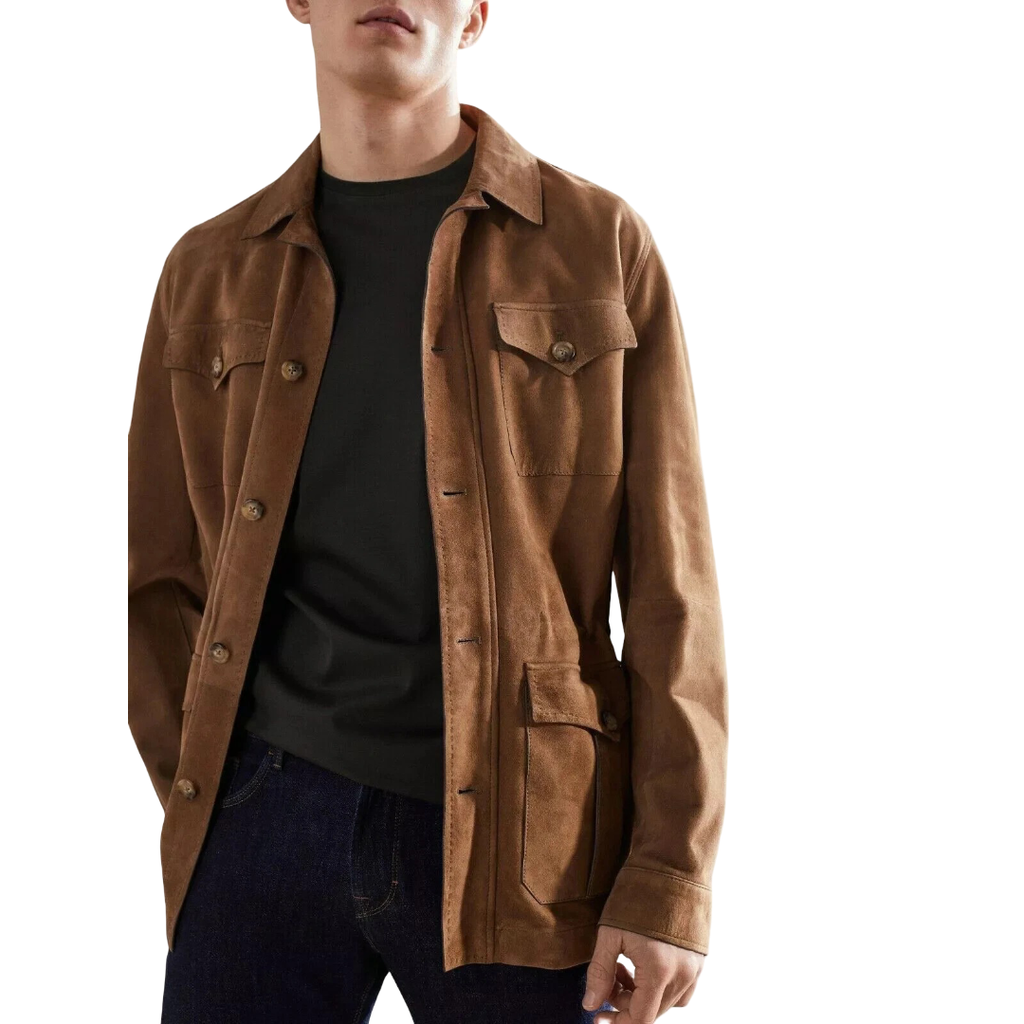 Men's Tan Suede Safari Shirt Jacket - 4 Pocket Front View