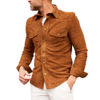 Men's Cognac Suede Slim-Fit Shirt Jacket - Front View