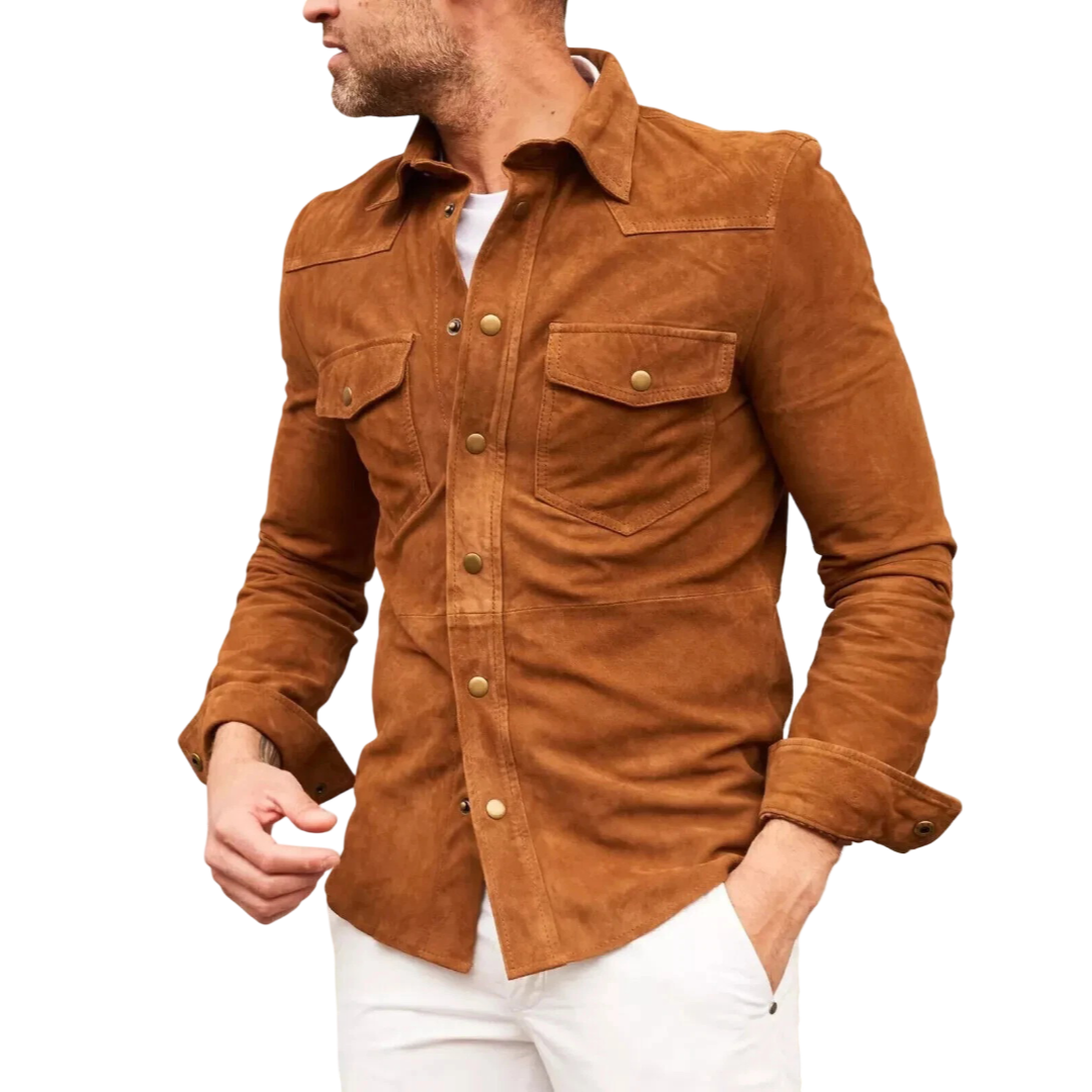 Men's Cognac Suede Slim-Fit Shirt Jacket - Front View