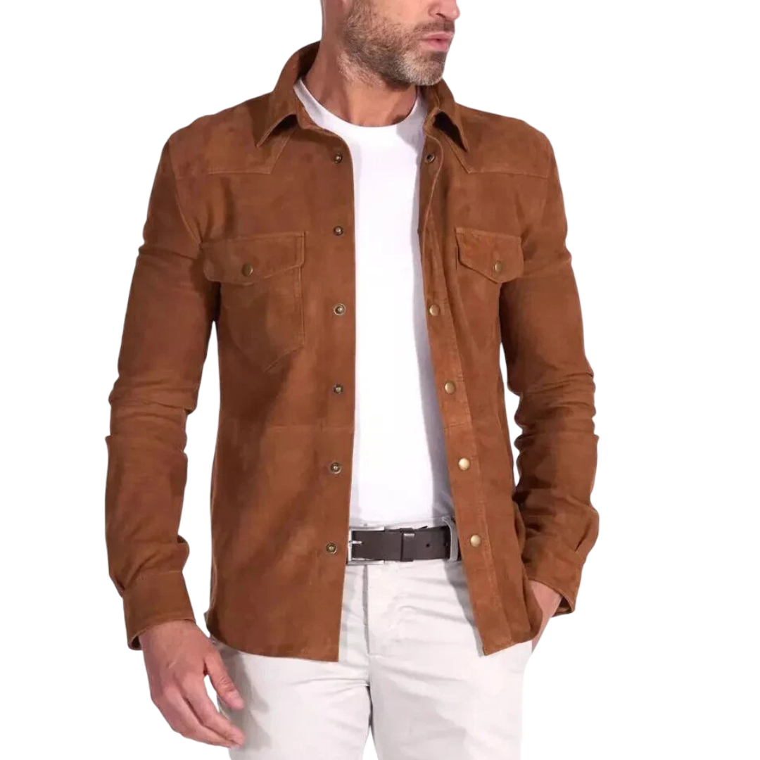 Men's Premium Brown Original Suede Leather Slim-Fit Shirt — Dual Pocket Snap-Button in Premium Leather