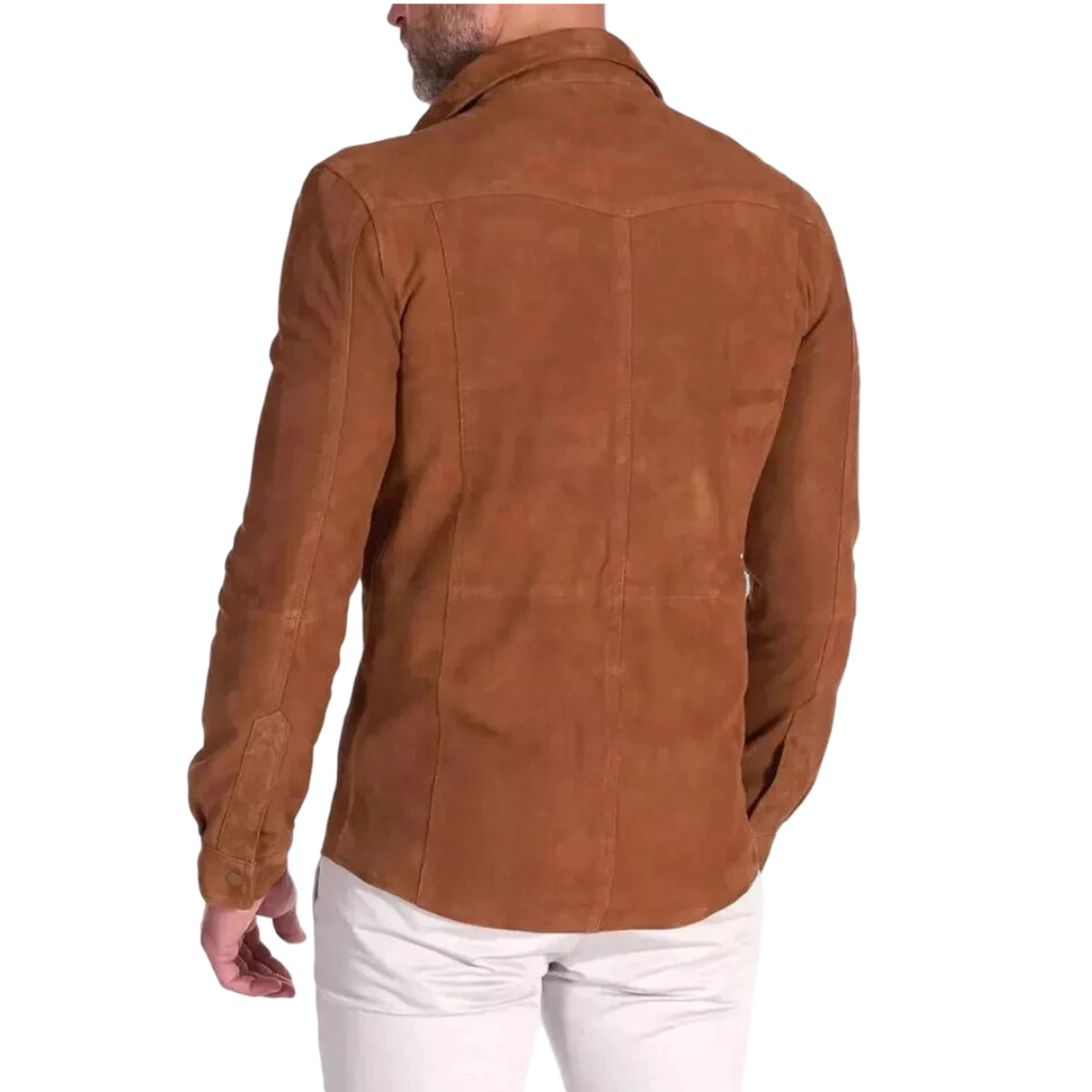 Men's Premium Brown Original Suede Leather Slim-Fit Shirt — Dual Pocket Snap-Button in Premium Leather