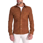 Men's Premium Brown Original Suede Leather Slim-Fit Shirt — Dual Pocket Snap-Button in Premium Leather