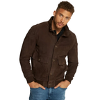 Men's Premium Dark Brown Suede Leather Shirt — Funnel Collar 4-Pocket in Premium Leather – front view – Kamercio