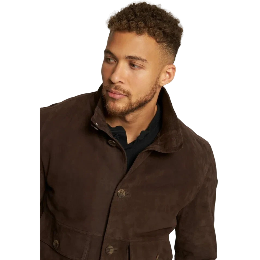 Men's Premium Dark Brown Suede Leather Shirt — Funnel Collar 4-Pocket in Premium Leather – back view – Kamercio
