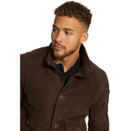 Men's Premium Dark Brown Suede Leather Shirt — Funnel Collar 4-Pocket in Premium Leather – back view – Kamercio