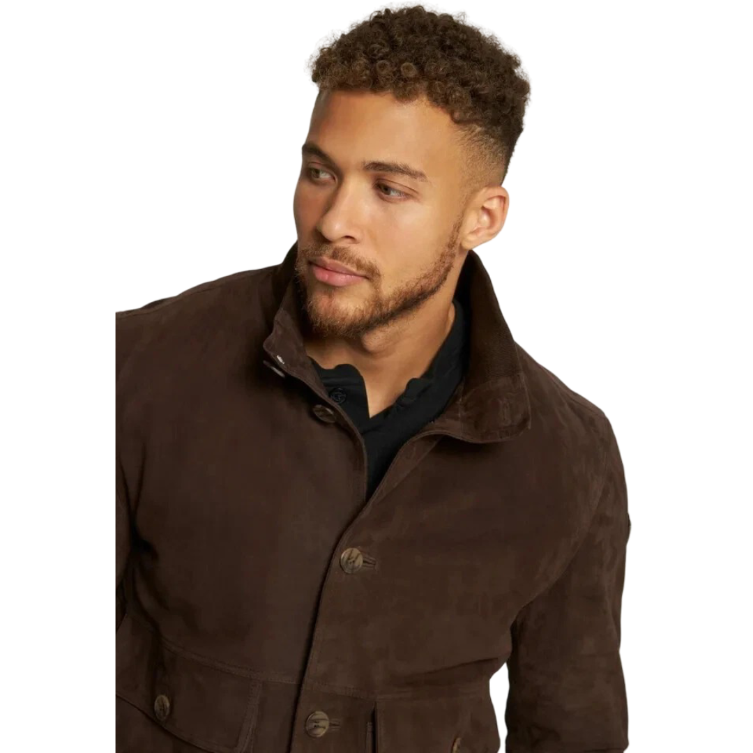Men's Premium Dark Brown Suede Leather Shirt — Funnel Collar 4-Pocket in Premium Leather – back view – Kamercio