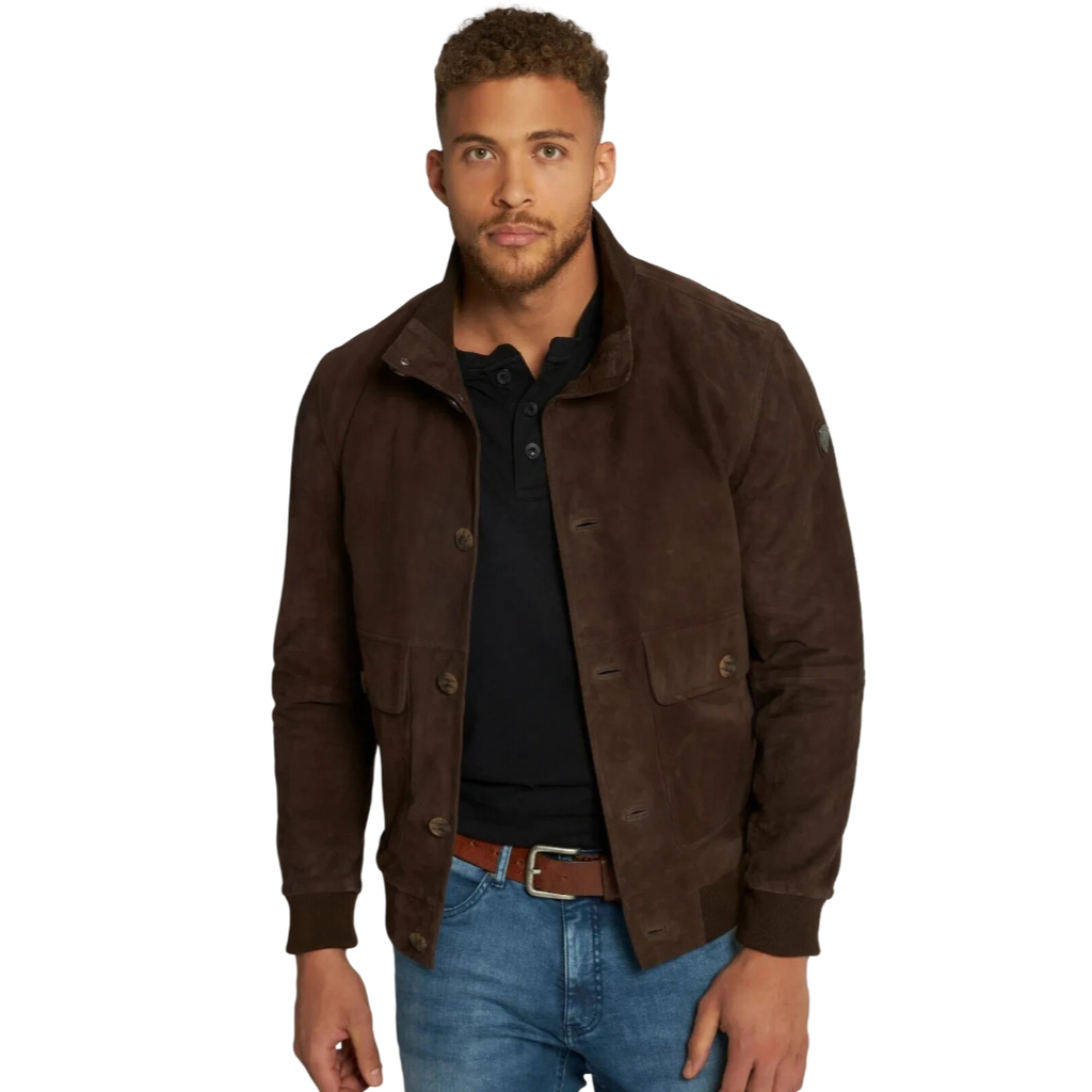 Men's Premium Dark Brown Suede Leather Shirt — Funnel Collar 4-Pocket in Premium Leather – side view – Kamercio