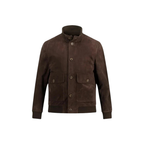 Men's Dark Brown Suede Bomber Jacket - Funnel Collar Front View