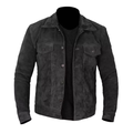 Men's Black Suede Trucker Shirt Jacket - Front View