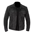 Men's Black Suede Trucker Shirt Jacket - Front View
