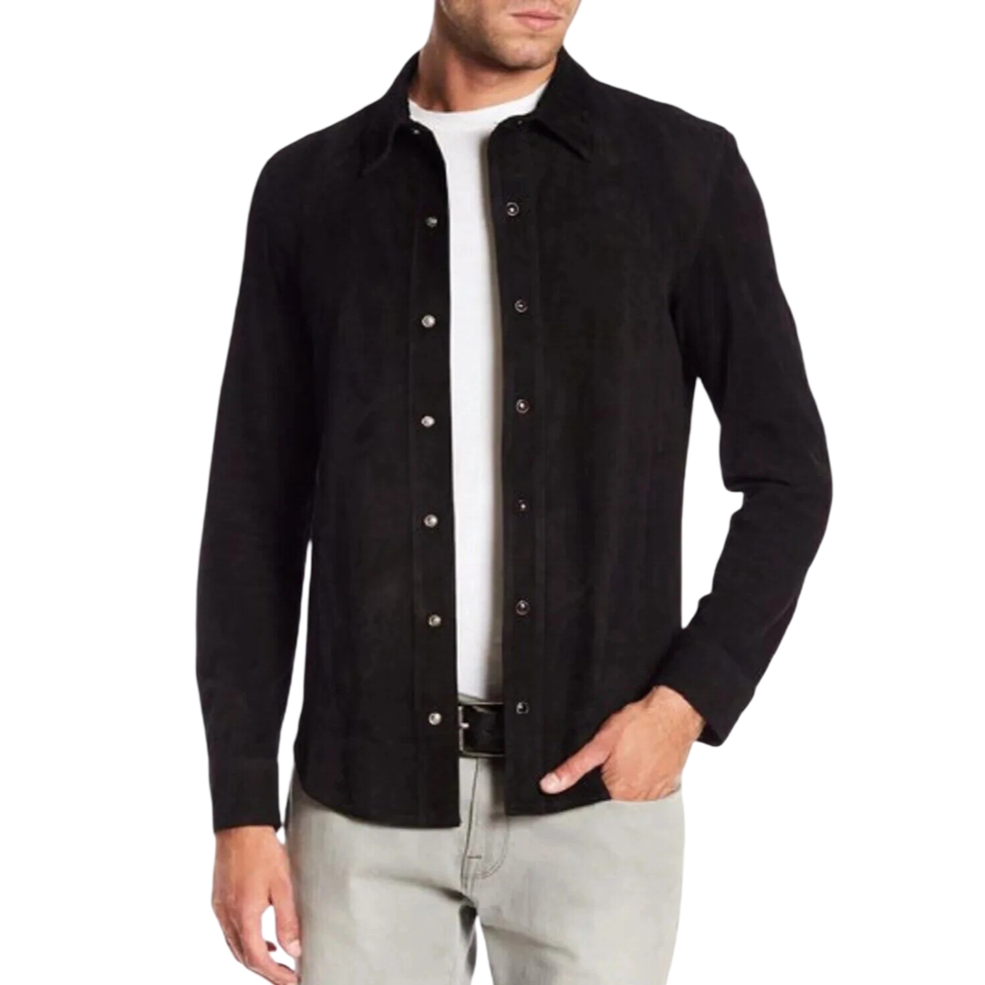Men's Black Suede Snap-Button Overshirt - Slim Fit Front View