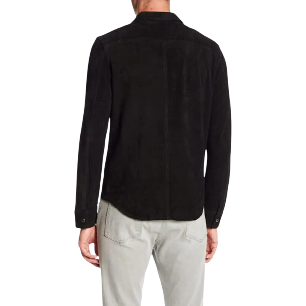 Men's Black Suede Snap-Button shirt — Slim-Fit No-Pocket in Premium Leather – leather jacket, side view – Kamercio