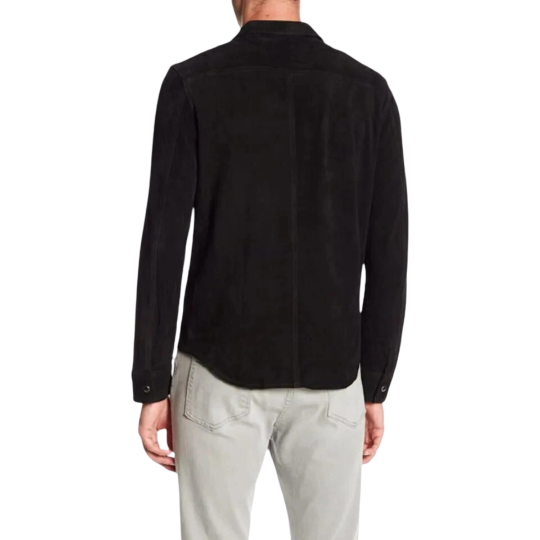 Men's Black Suede Snap-Button shirt — Slim-Fit No-Pocket in Premium Leather – leather jacket, side view – Kamercio