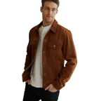 Man wearing tan cognac suede trucker jacket with button-front and chest pockets