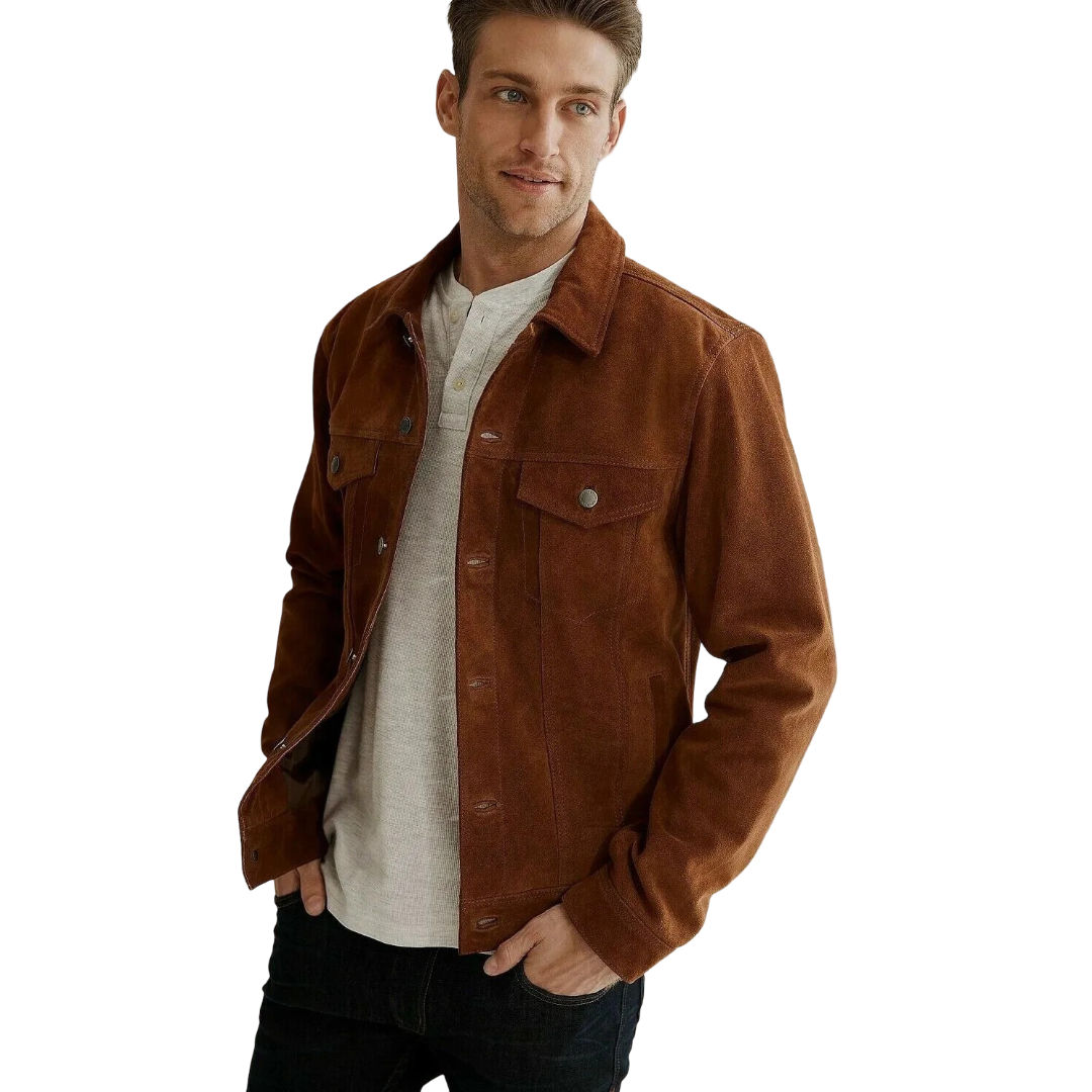 Man wearing tan cognac suede trucker jacket with button-front and chest pockets
