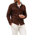 Men's Premium Brown Original Suede Leather Shirt — Dual Chest Pockets