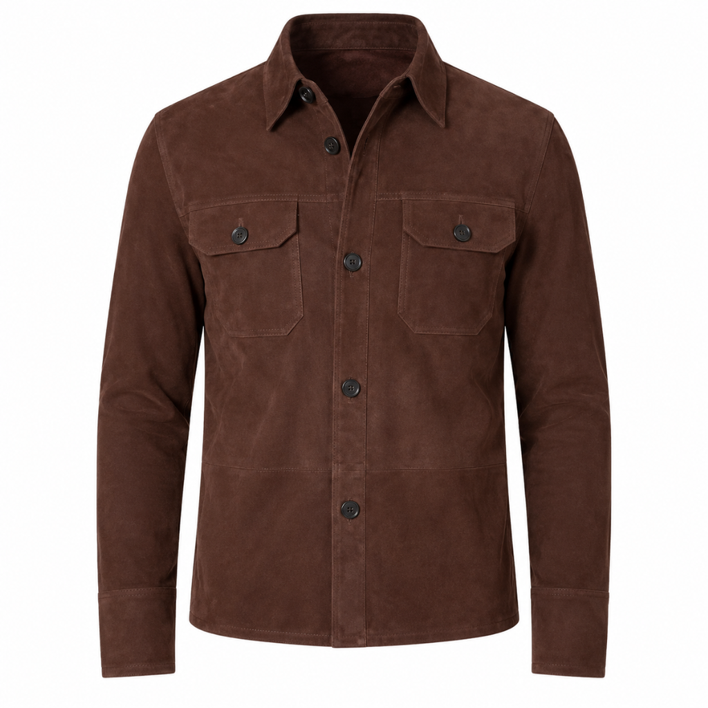 Men's dark brown suede overshirt jacket with shirt collar and dual chest flap pockets